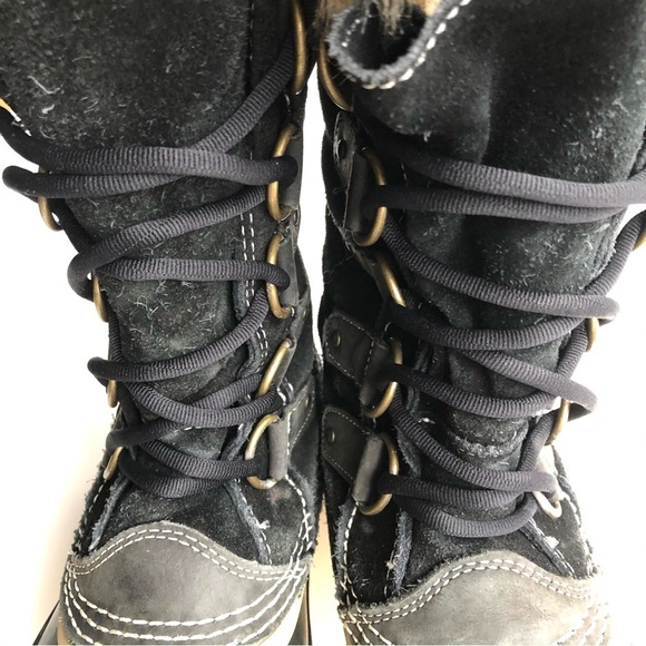 Sorel Joan of Arctic Black Suede Winter Boots Faux Fur Trim Tall Lace Up Boot - Picture 5 of 11